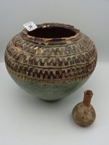 Hand painted terracotta bowl, 23cm diameter plus 10cm vase