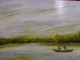 Oil on canvas of inlet with fishermen signed P.S (75 x 50)cm