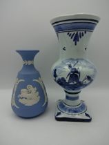 6 pieces of blue and white including Wedgwood Jasperware and delft