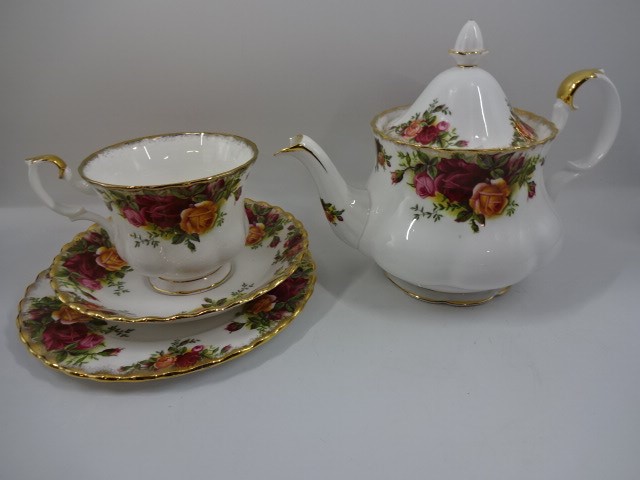 Royal Albert Old Country Roses tea set for eight, 51 pieces total, smaller teapot has spout damage