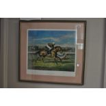 Signed and Framed print - Royal academy Lester Piggott by Claire Eva Burton signed in pencil by both