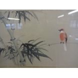 Pair of oriental watercolours on silks depicting birds and flowers (72 x 30)cm