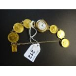 A ladies 9ct gold wristwatch circa 1930's with band of 1/2 sovereigns (1903, 1914, 1893, 1837, 1817)