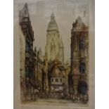 Hand coloured signed etching plus marquetry picture of a castle