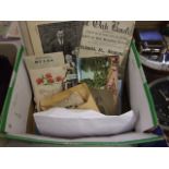 Box containing vintage B&W photos, vintage postcards, Kensitas flower silks, vintage documents etc