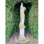 Weathered concrete maiden holding water ewer on pedestal base ( from a country estate )