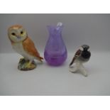 Goebel sparrow, Beswick owl and Caithness crystal glass vase