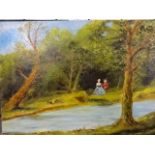 Oil on board of couple by a river titled 'The Tryst' (36 x 26)cm