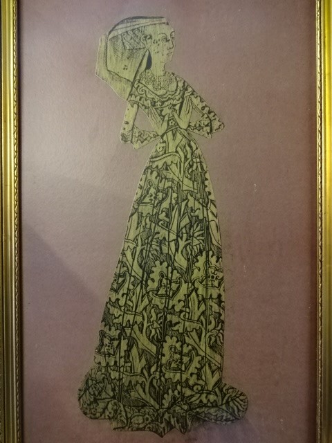 Print of a lady mounted on red hardboard (124 x 60)cm