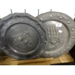 2 pewter wall plaques, 38cm diameter