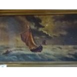Oil on canvas of ships signed K.S. Plus harbour print and Italian etching