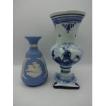 6 pieces of blue and white including Wedgwood Jasperware and delft