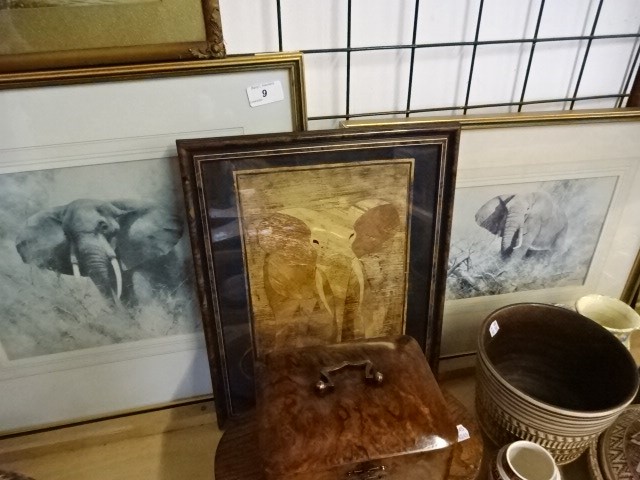 2 David Shepherd signed elephant prints (largest is 50 x 48)cm, plus marquetry elephant picture - Image 6 of 6