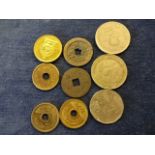 5 Chinese tokens and 4 Sri Lankan coins