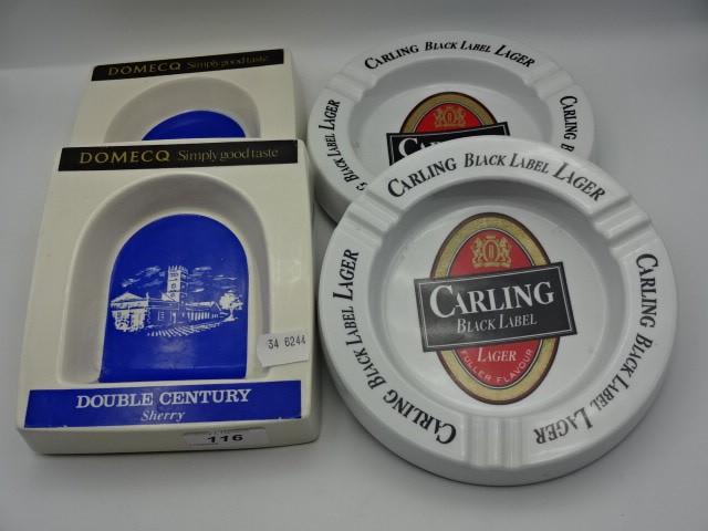 2 Wade ceramic Domecq sherry ashtrays and 2 melamine Carling ashtrays