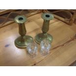 Pair of Brass Candlesticks 6 inches tall ( missing ejectors ) & pair of glass candlesticks 2 1/2