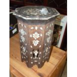 Antique hexagonal table with mother of pearl inlay ( some pieces missing bag of pieces with the