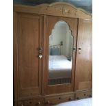 Large 3 Door Pine Wardrobe with central mirrored door & 3 drawers below 150 cm wide 65 deep and