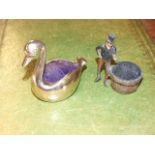 Vintage Lead ? Pin Cushion & Modern Brass Duck Pin Cushion