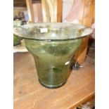 Large hand blown green glass vase 12 inches wide at top 10 1/2 tall