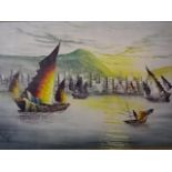 Oil on canvas of coastal city scene signed 'Thomas' (87 x 62)cm