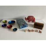 Selection of Indian items - wood and brass box , hand painted iris box , hand carved stone animals ,