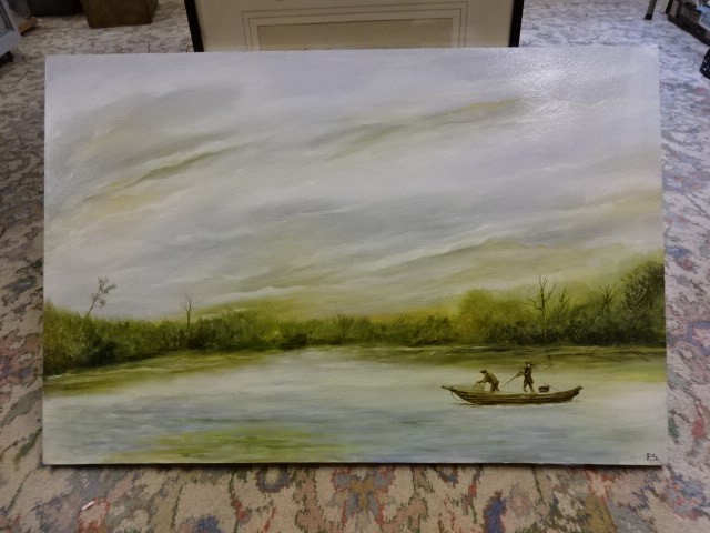 Oil on canvas of inlet with fishermen signed P.S (75 x 50)cm - Image 2 of 3