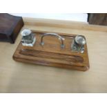 Oak Desk Tidy with 2 Glass Ink Wells