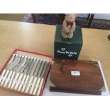 vintage boxed fish knife and fork set, vintage miniature Guinness beer advertising lighter, wood box