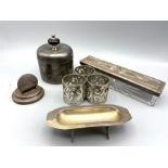 silver and plateware: three napkin rings, card/place holder, lidded pot; glass rectangular dish with