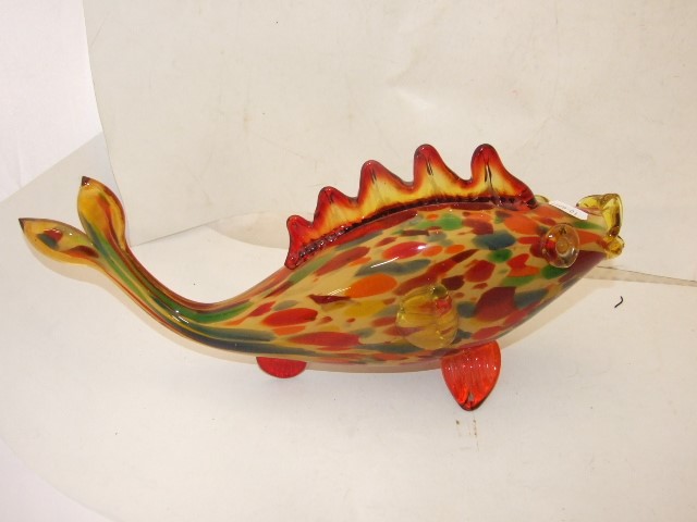 MURANO COCKEREL SLIGHT DAMAGE TO TAIL 10" TALL AND FIN AND LARGE GLASS FISH 14.5" LONG - Image 3 of 3