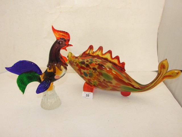 MURANO COCKEREL SLIGHT DAMAGE TO TAIL 10" TALL AND FIN AND LARGE GLASS FISH 14.5" LONG