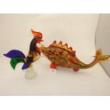 MURANO COCKEREL SLIGHT DAMAGE TO TAIL 10" TALL AND FIN AND LARGE GLASS FISH 14.5" LONG
