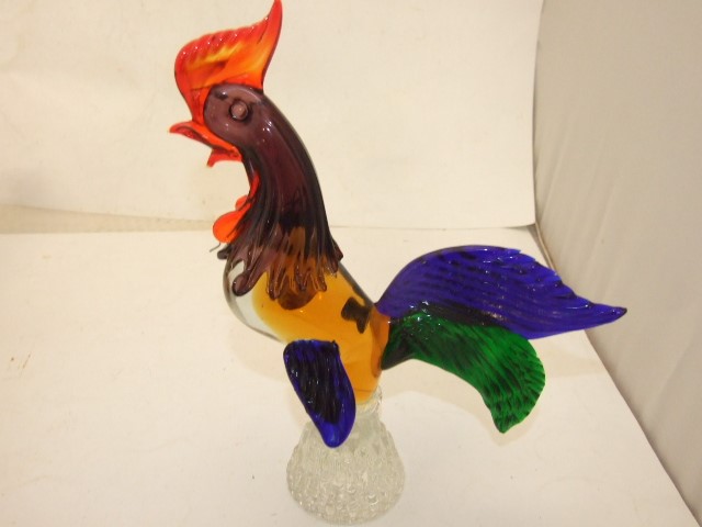 MURANO COCKEREL SLIGHT DAMAGE TO TAIL 10" TALL AND FIN AND LARGE GLASS FISH 14.5" LONG - Image 2 of 3