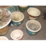 Qty Salt Glazed Garden Pots ( several containing soil / dead plants )