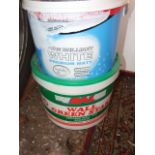 Various tins and tubs of fence paint , emulsion etc ( house clearance )