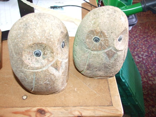 2 Stone Owls & Vintage Salt Glazed post cap