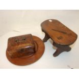 COLLECTION OF WOODEN ITEMS TREEN TO INCLUDE STOOL, PLATE AND JEWELLERY BOX