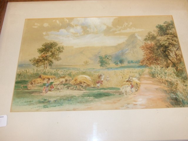 Tom Ferrers 1860 ? Watercolour of Hay Wagons 14 1/2 x 9 Inches