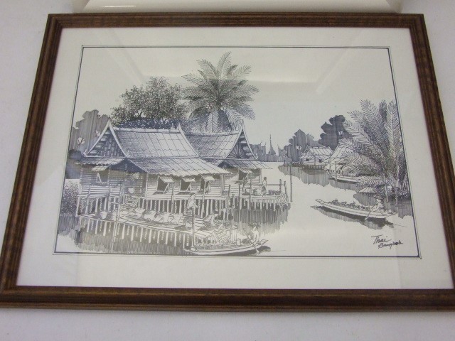 Oriental silk stitch-work (30 x 40)cm plus pen and ink of Bangkok scene (35 x 28)cm - Image 2 of 3