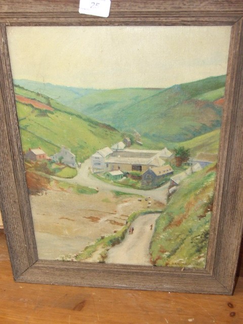 L Barnard 1947 Oil on canvas of village 12 x 16 inches