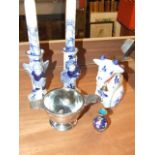 Delft Candlesticks , Delft Cow Creamer , Pewter Quaich & small enameled vase