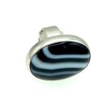 Large silver ring with black and white obsidian stone