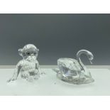 Swarovski crystal baby chimpanzee (221625) and medium swan (10006), boxed (2)