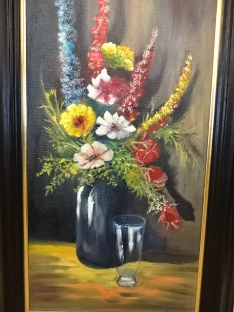Oil on board still life of flowers, (100 x 55)cm