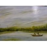 Oil on canvas of inlet with fishermen signed P.S (75 x 50)cm