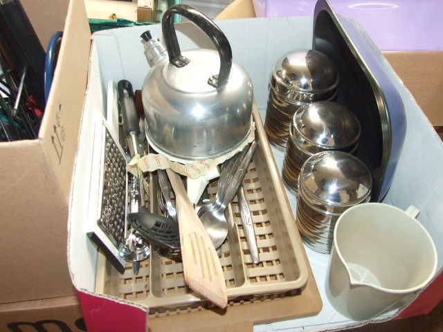 Box of kitchen items & box of odds