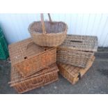 COLLECTION OF 5 WICKER BASKETS, PICNIC BASKETS, FISHING BASKET ETC