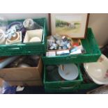 6 BOXES OF ASSORTED CHINA, GLASS WARE, KITCHEN WARE ETC (HOUSE CLEARANCE) Plastic Crates not