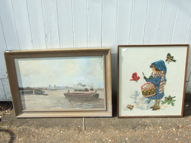 PICTURE OF "HOOD" BARGE ON THE THAMES AND TAPESTRY PICTURE OF YOUNG GIRL